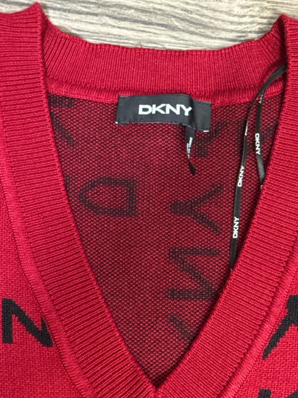 DKNY Red V-Neck Logo Knit Pullover - Picture 3 of 5